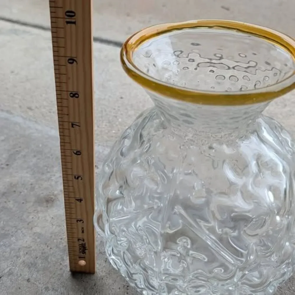Vintage Blenko 9431 Crystal Textured Glass Vase Topaz Gold Rim Hank Adams 1994